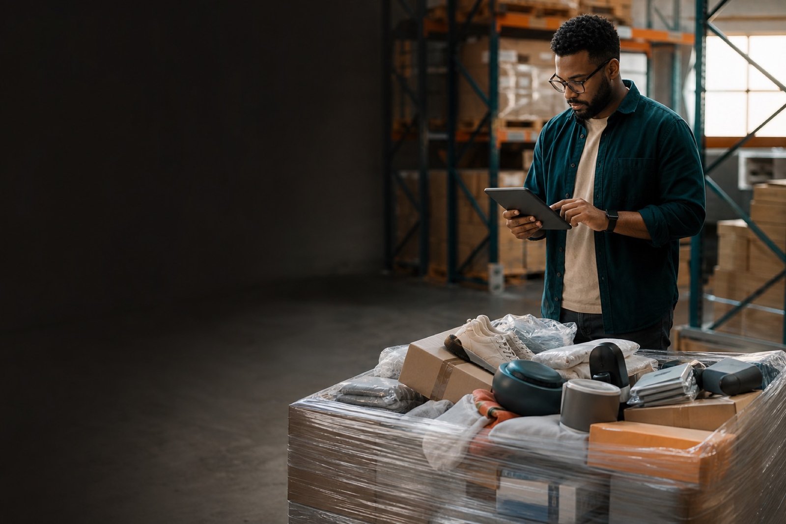 Customer return merchandise wrapped on a pallet ready for inspection before shipping