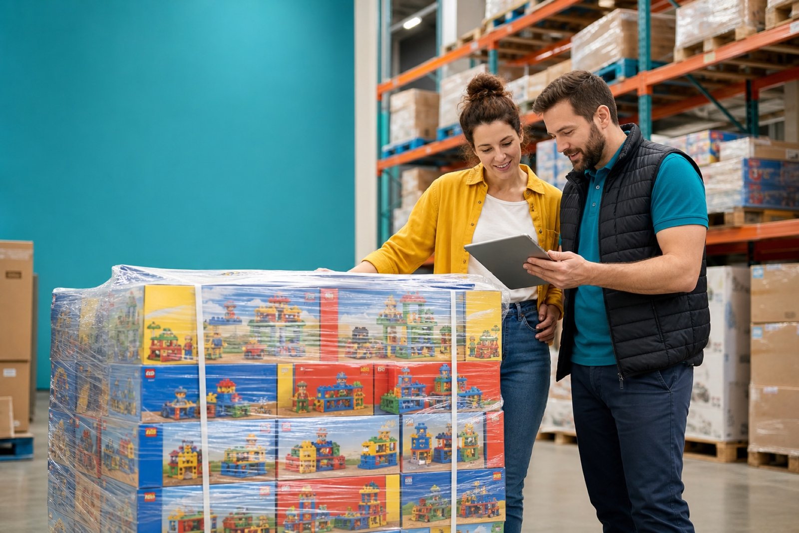 Toy and building-set cartons staged on a liquidation pallet for wholesale buyers