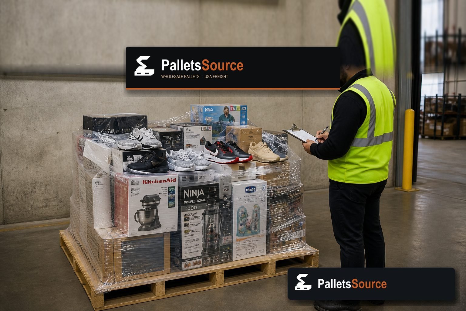 Inspector reviewing a clipboard beside a wholesale pallet