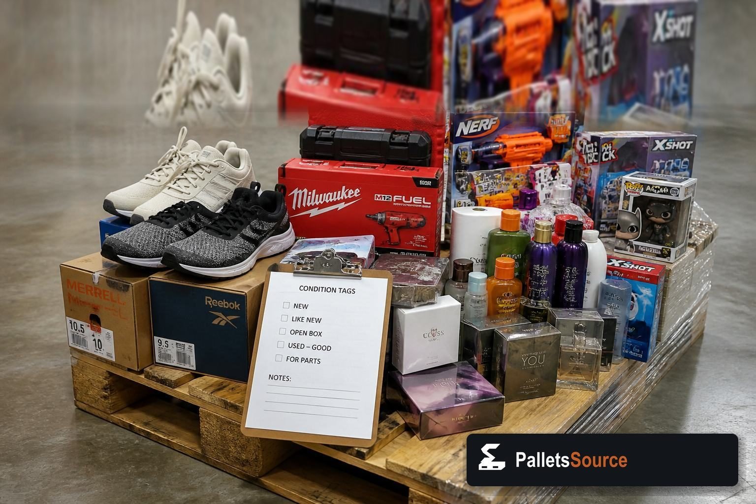 Mixed liquidation pallet with condition tags and lot notes
