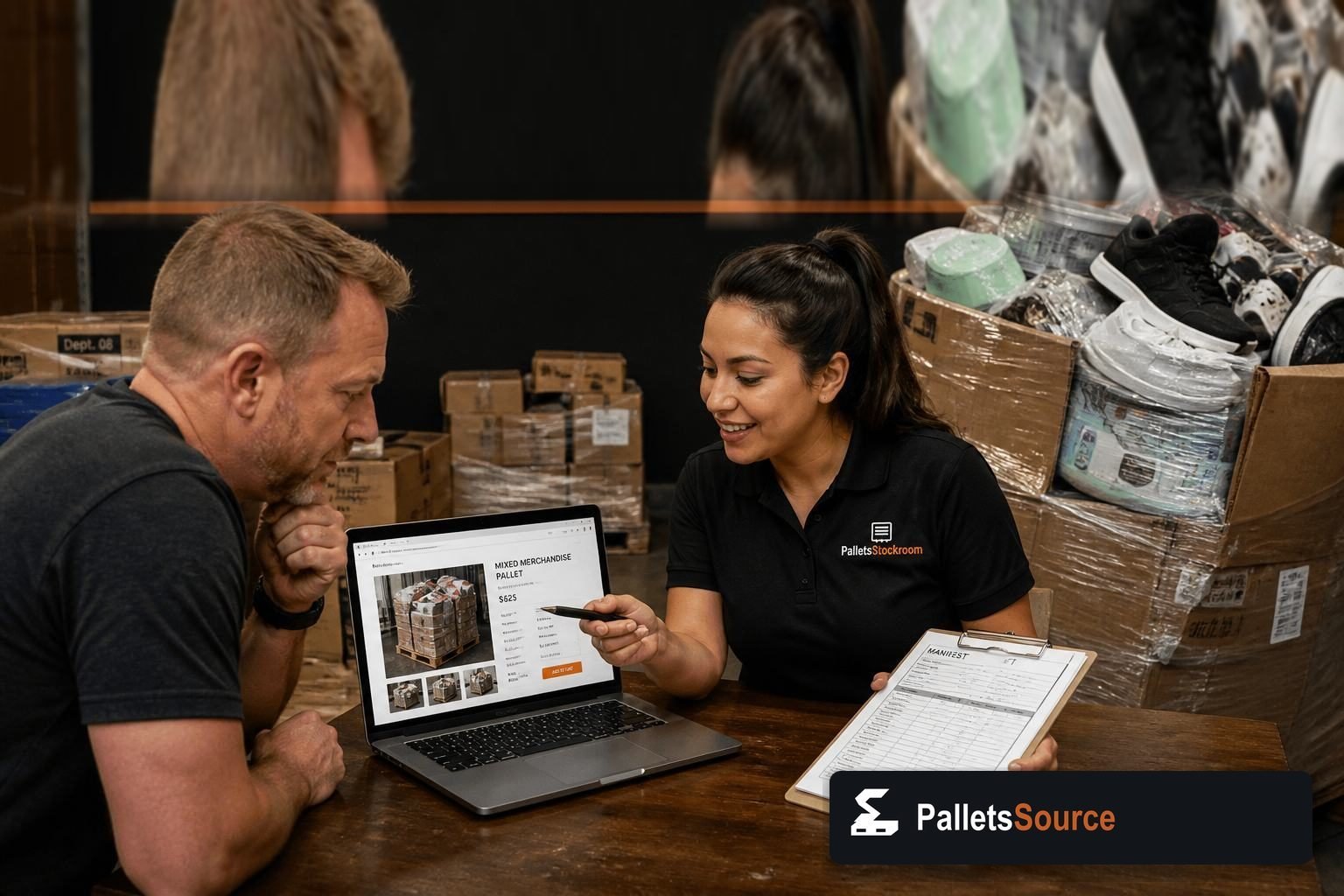 Buyer and Pallets Source associate reviewing a listing and printed lot notes