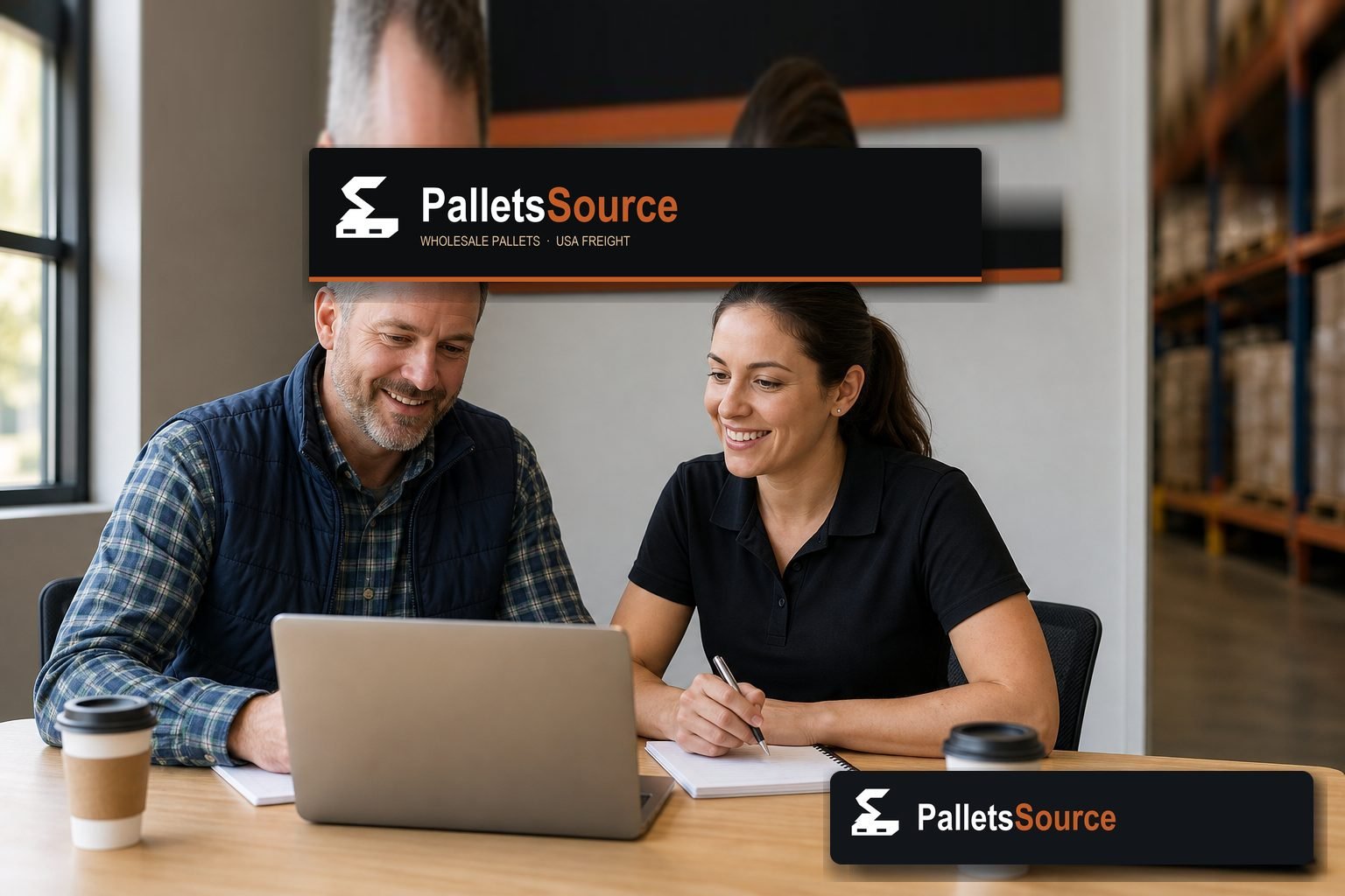 Buyer and associate reviewing a quote at PalletsSource