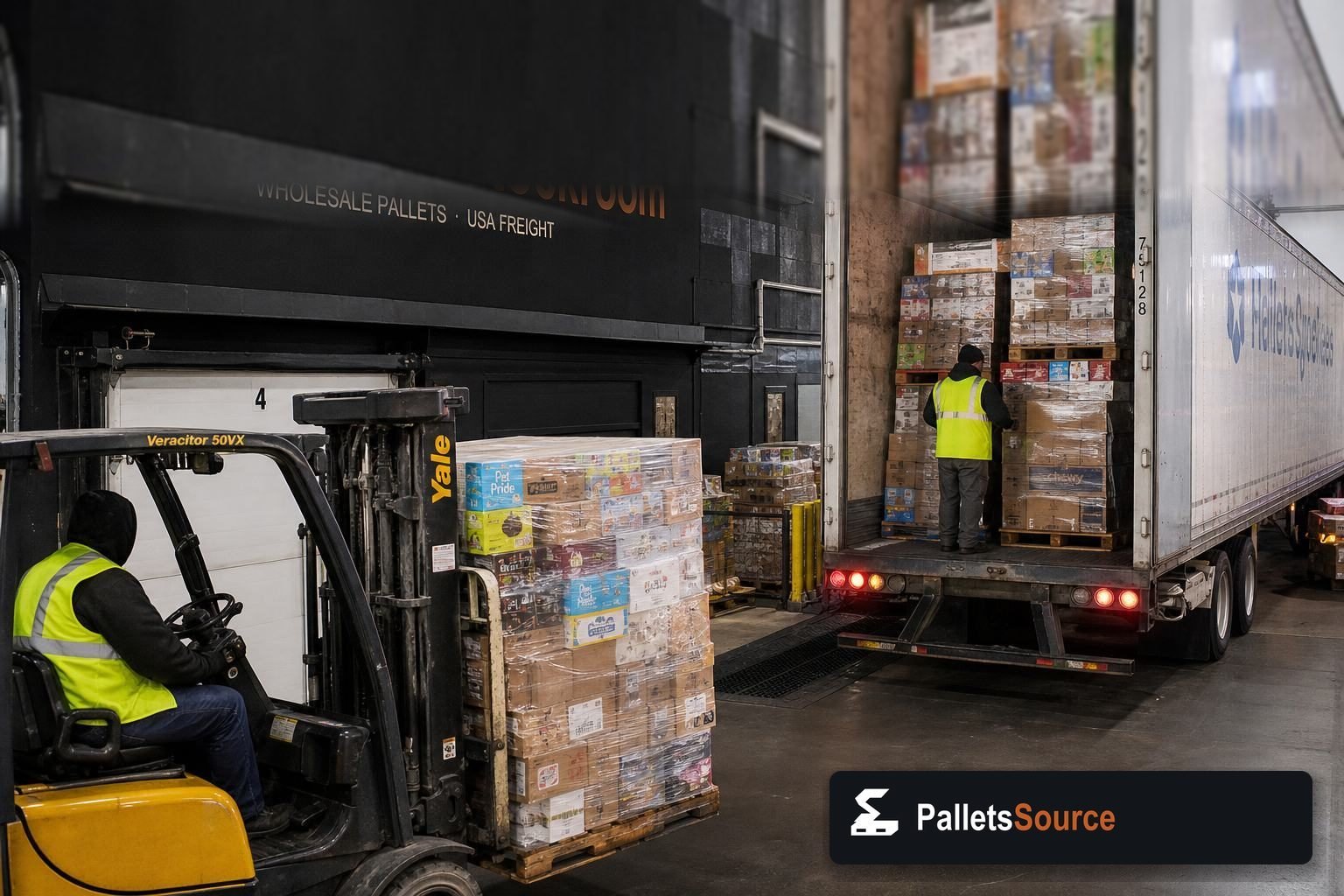 Freight truck being loaded with stretch-wrapped wholesale pallets