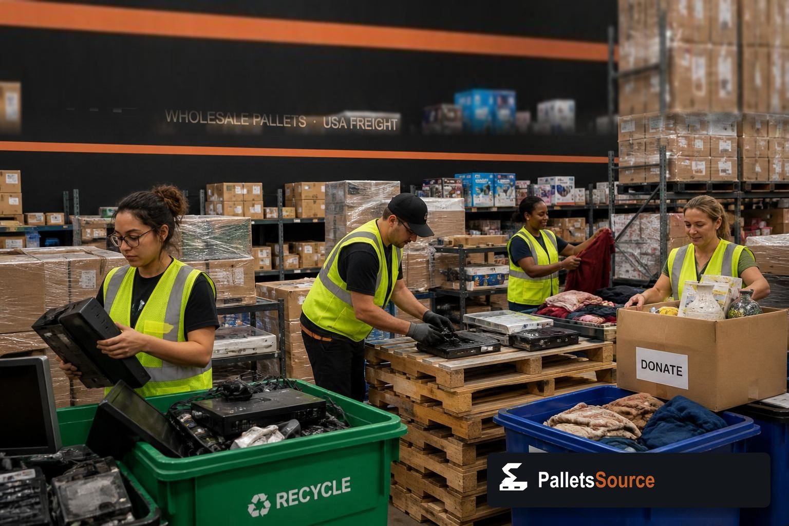 Warehouse team sorting returned merchandise into pallets, recycle, and donate bins