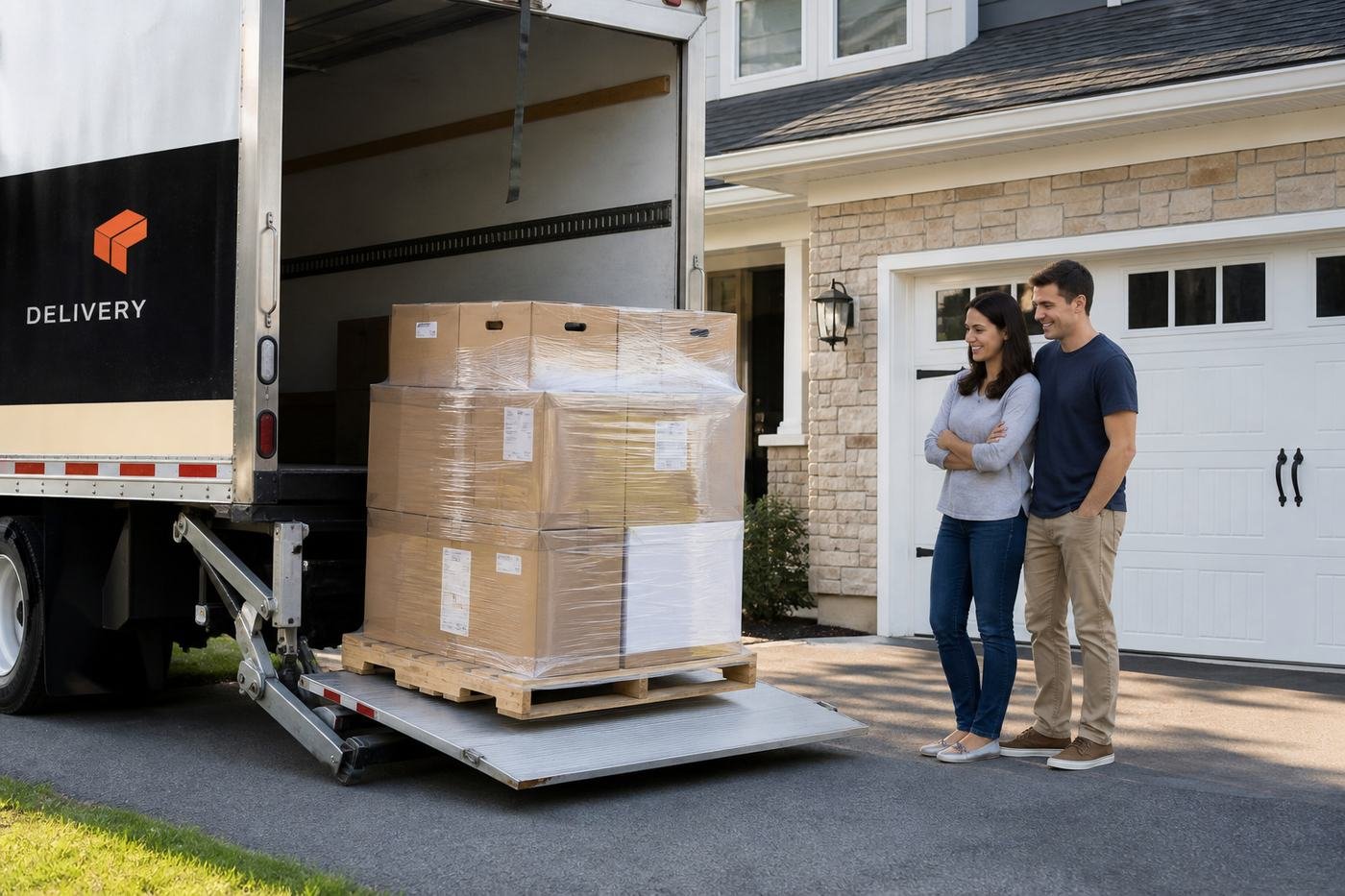 Residential delivery of a stretch-wrapped merchandise pallet