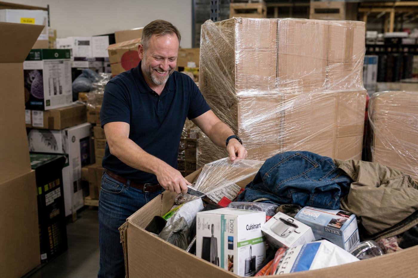 Satisfied client unpacking a wholesale liquidation pallet