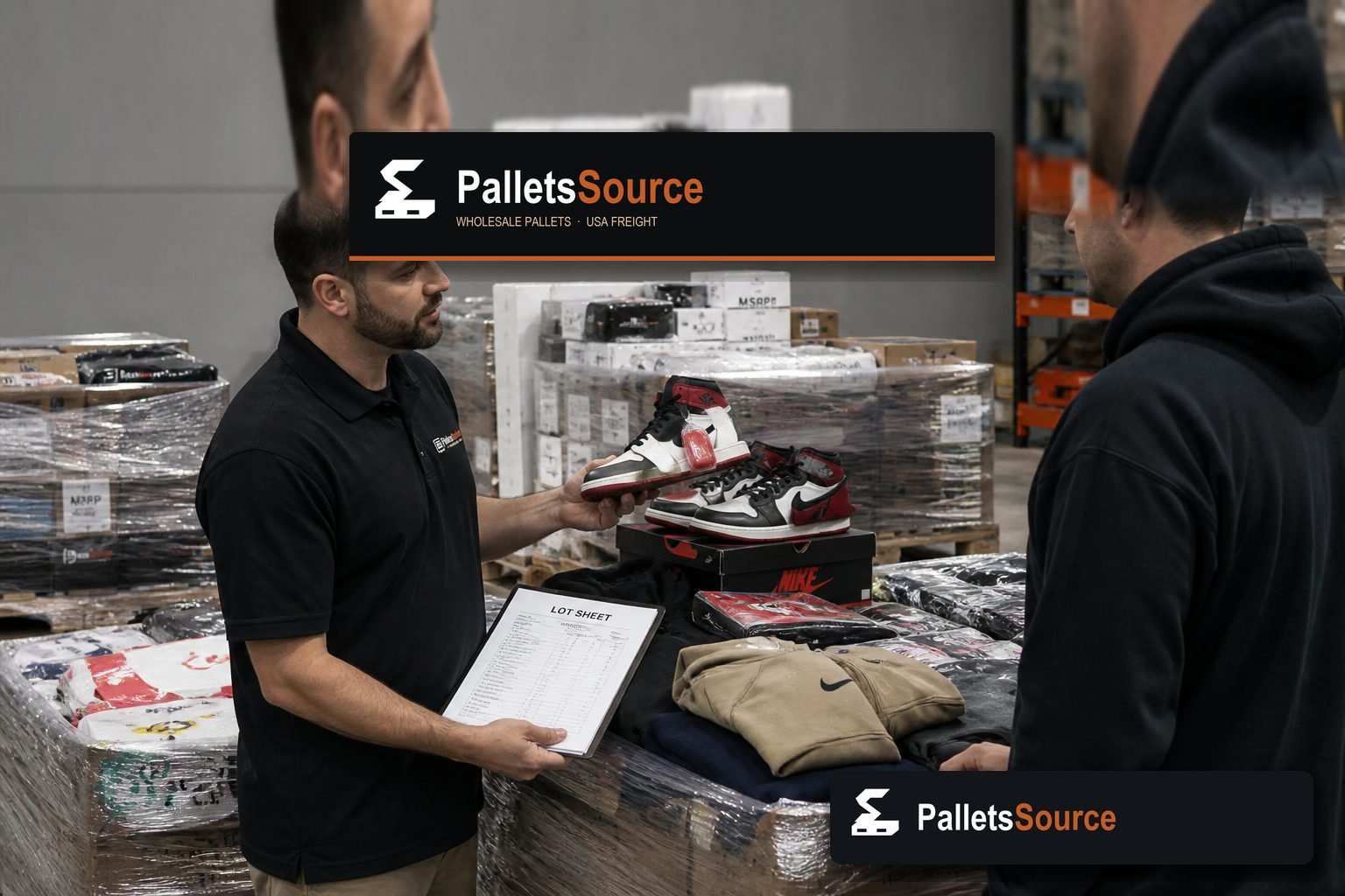 Buyer reviewing a priced apparel and sneaker pallet