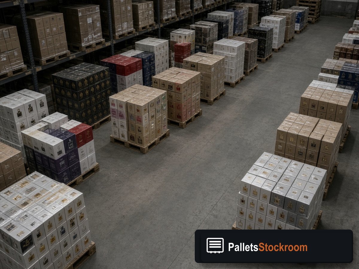 Armani Perfume Pallets — Floor operations with branded warehouse signage