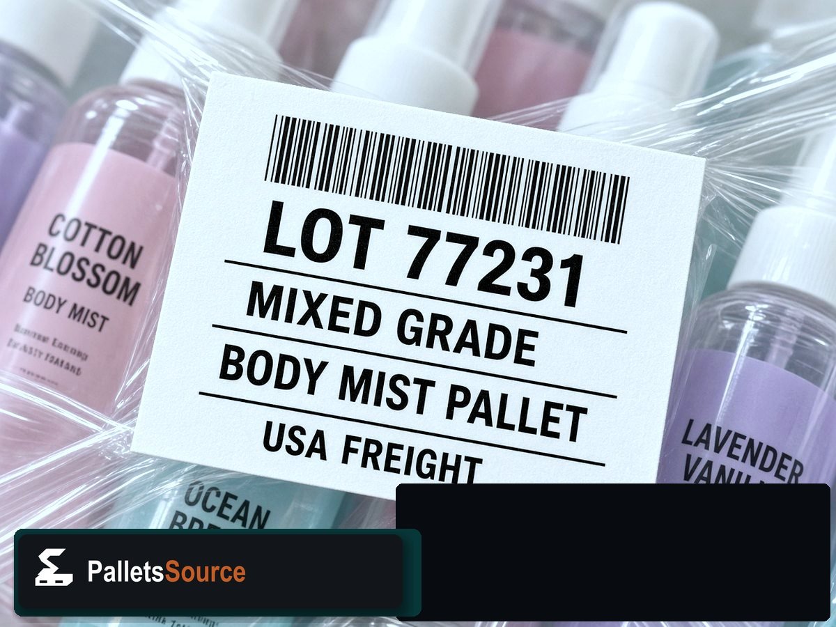 Body Mist Fragrance Pallets — Lot ticket barcode detail on stretch wrap