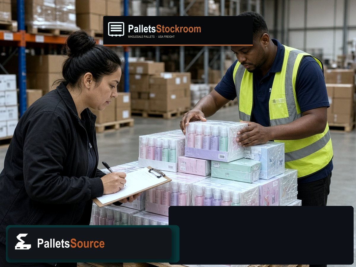 Body Mist Fragrance Pallets — Floor operations with branded warehouse signage