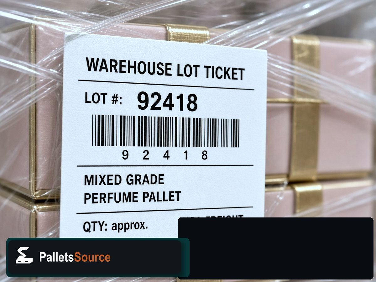 Designer Perfume Pallets — Lot ticket barcode detail on stretch wrap