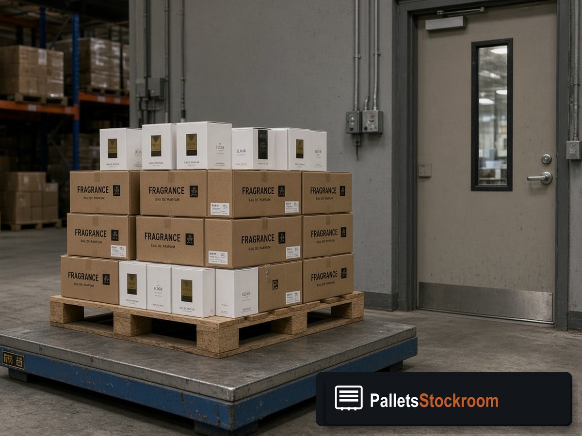 Gucci Perfume Pallets — Floor operations with branded warehouse signage