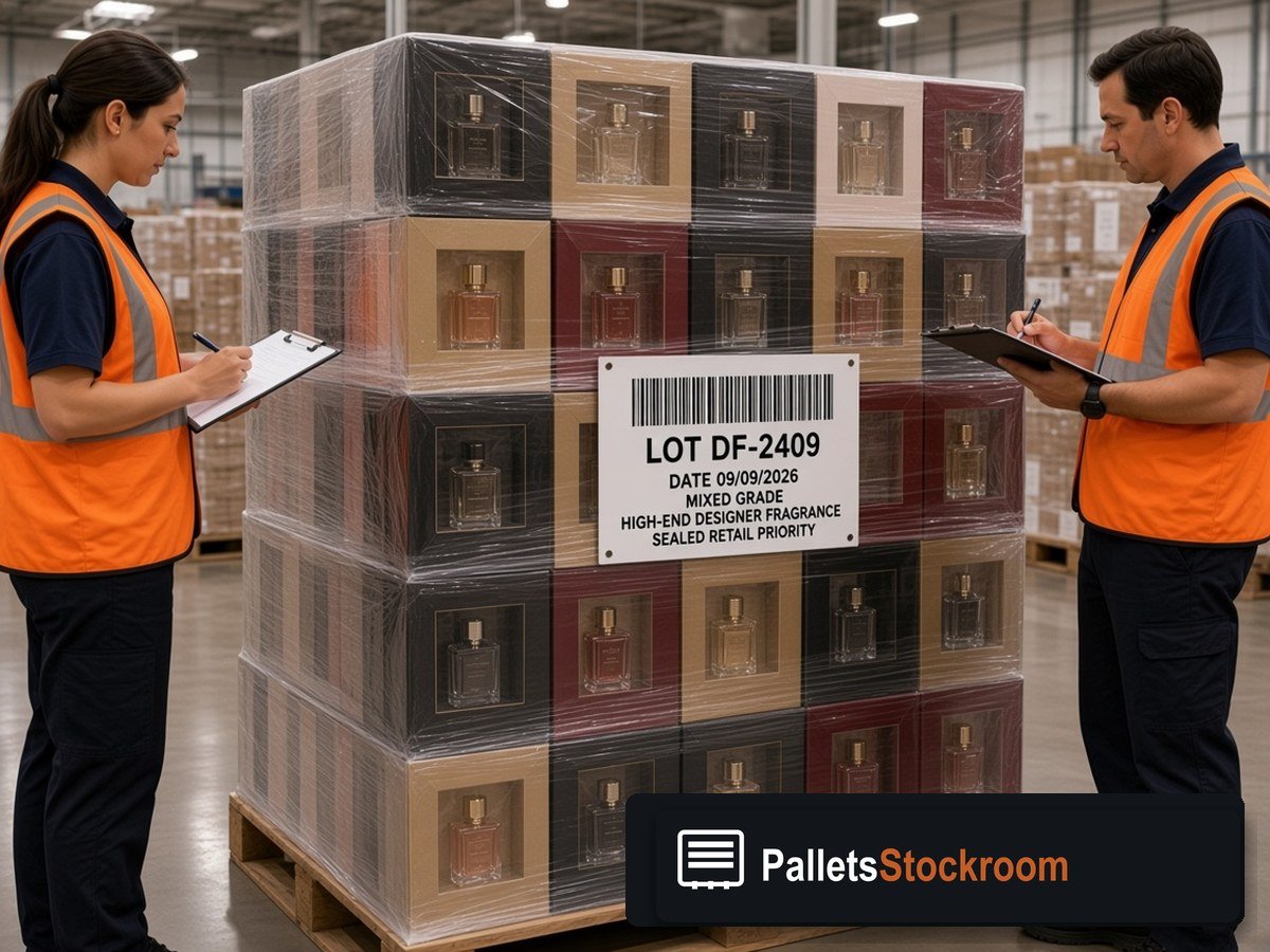 High-End Designer Fragrance Pallets — Inventory pallet with wrap quality and boxed scent