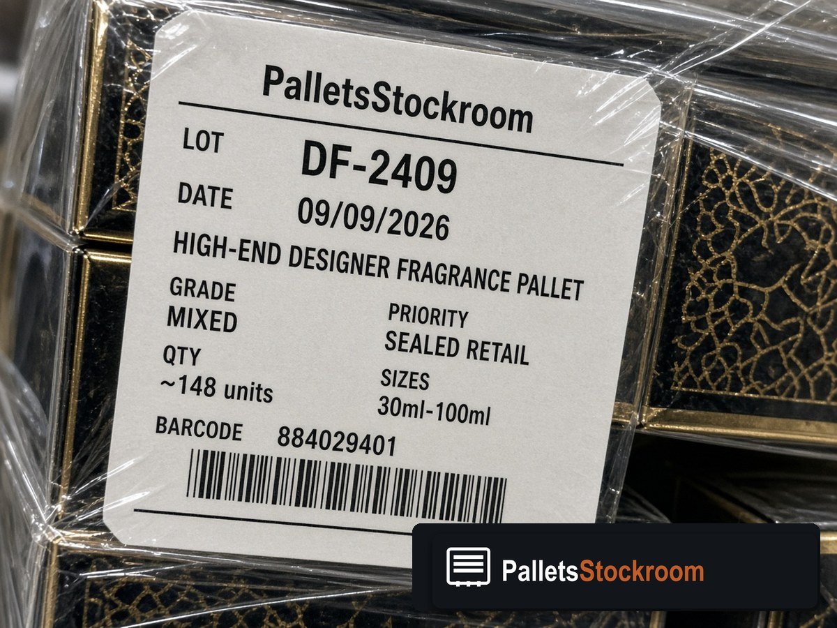 High-End Designer Fragrance Pallets — Lot ticket barcode detail on stretch wrap