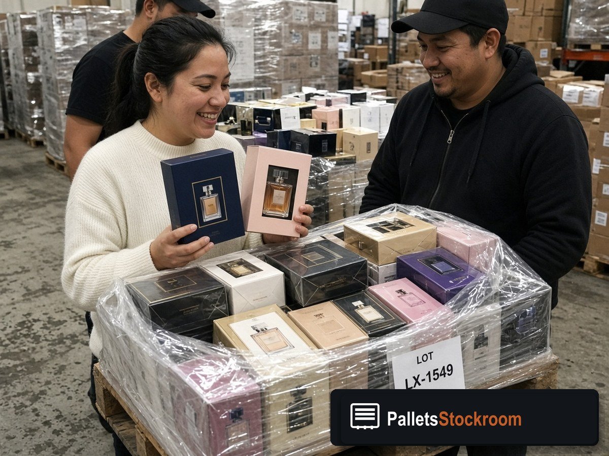 Luxury Mixed Perfume Pallet — LOT LX-1549 — Client and staff reviewing perfume units