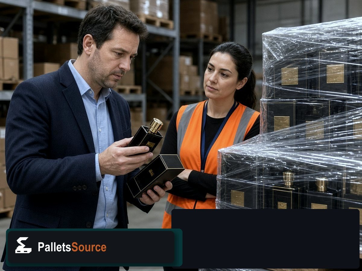 Luxury Perfume Liquidation Pallets — Client and staff reviewing perfume units