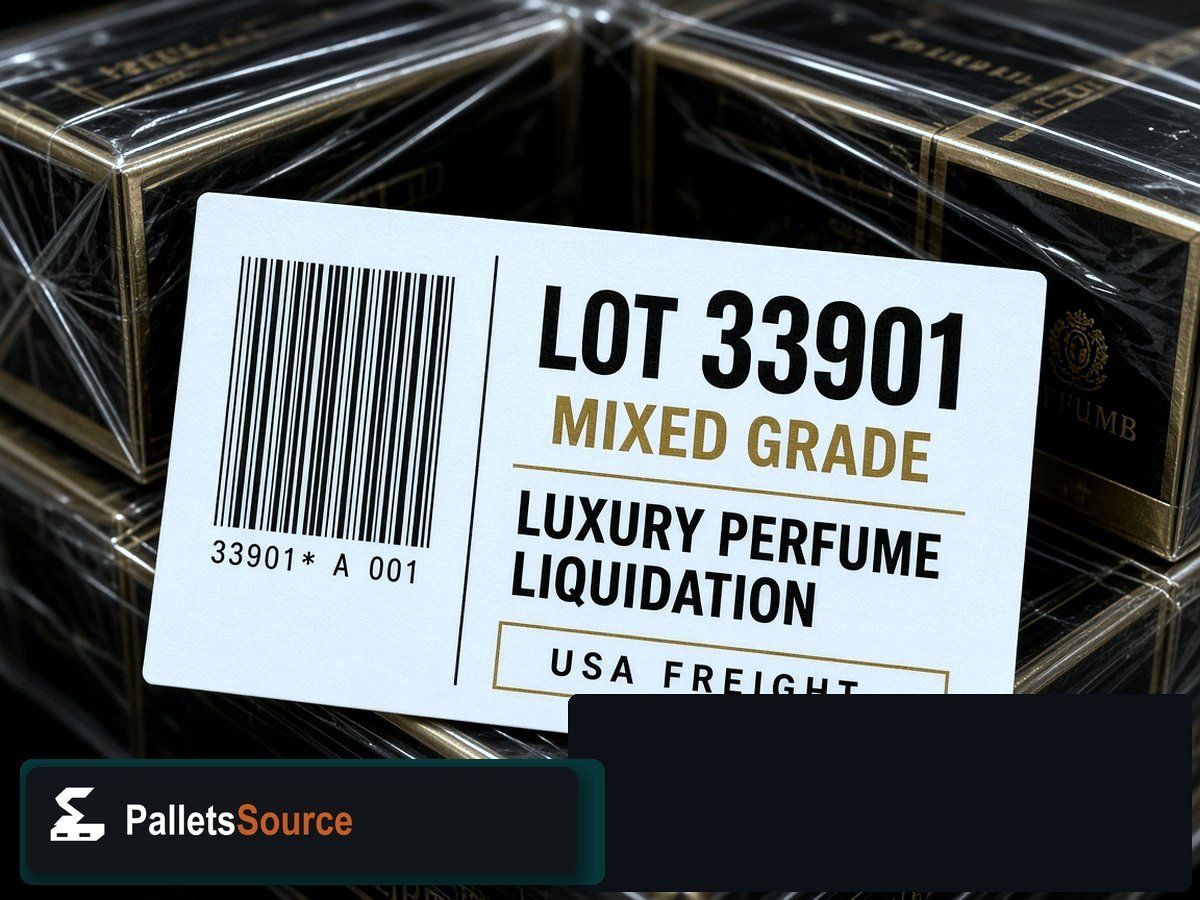Luxury Perfume Liquidation Pallets — Lot ticket barcode detail on stretch wrap