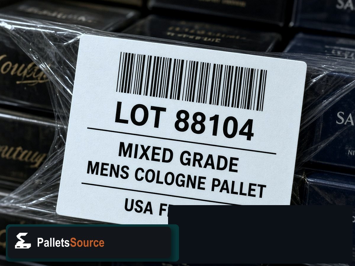 Men’s Cologne Pallets — Lot ticket barcode detail on stretch wrap