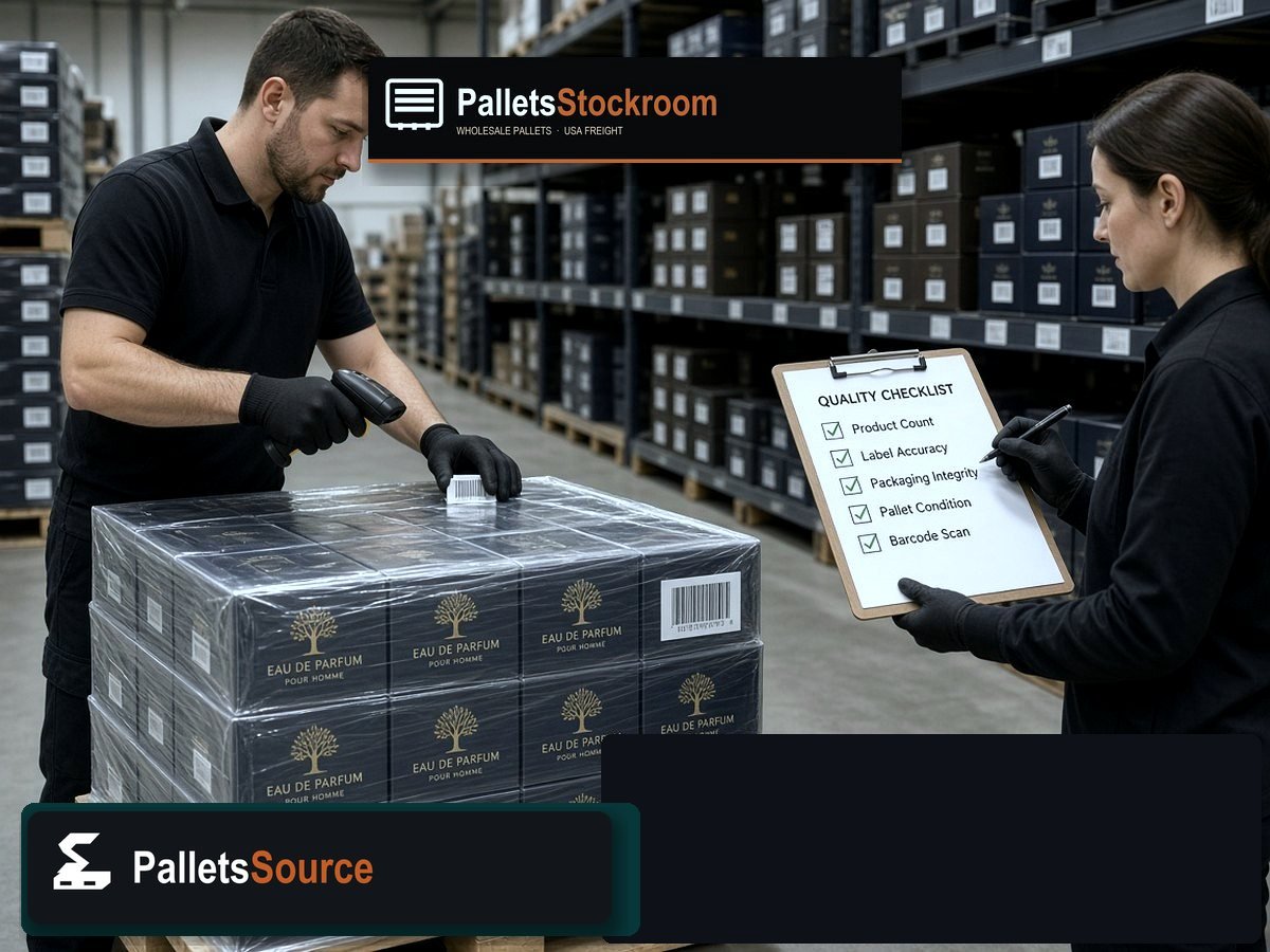 Men’s Cologne Pallets — Floor operations with branded warehouse signage