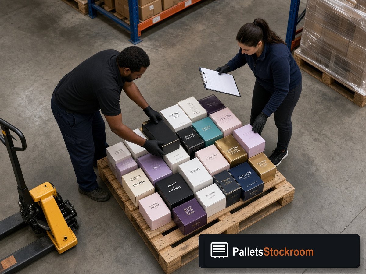 Mixed Designer Scent Pallets — Floor operations with branded warehouse signage