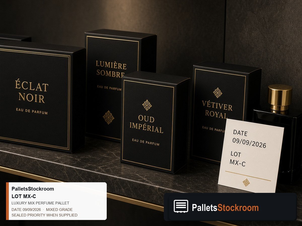 Mixed Luxury Fragrance Assortment Pallets — Client and staff reviewing perfume units