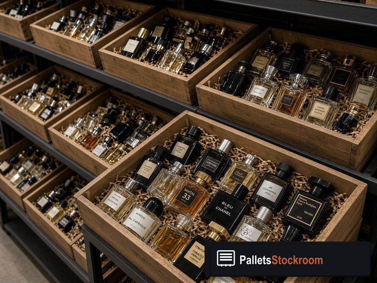 Mixed Luxury Fragrance Assortment Pallets — Floor operations with branded warehouse signage