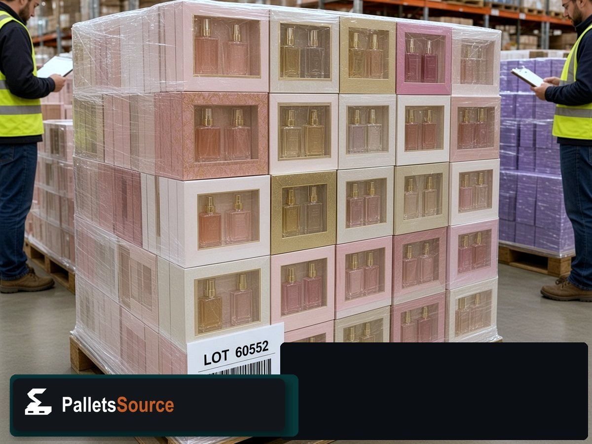 Perfume Gift Set Pallets — Inventory pallet with wrap quality and boxed scent