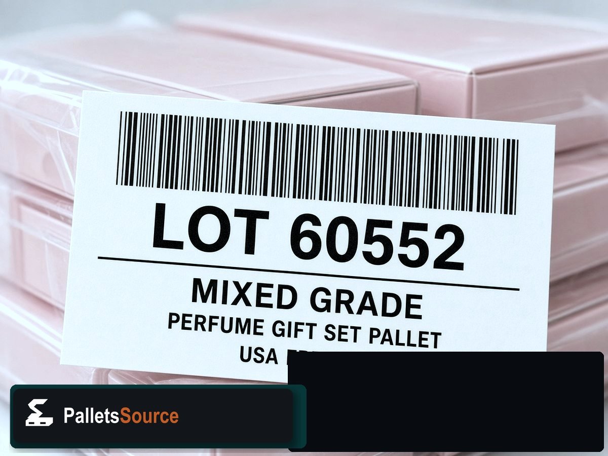 Perfume Gift Set Pallets — Lot ticket barcode detail on stretch wrap