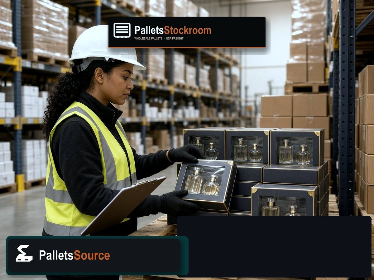 Perfume Gift Set Pallets — Floor operations with branded warehouse signage