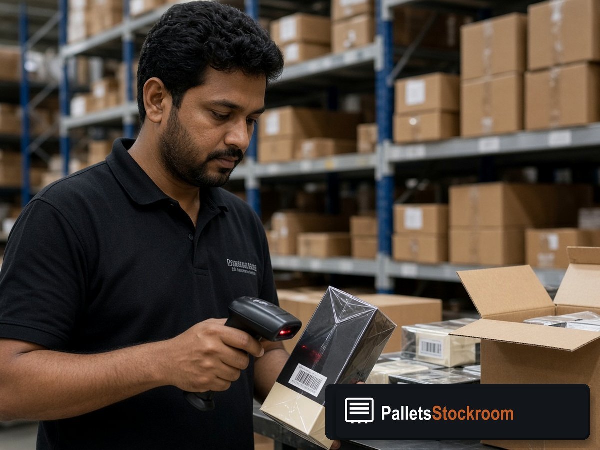 Prada Perfume Pallets — Floor operations with branded warehouse signage