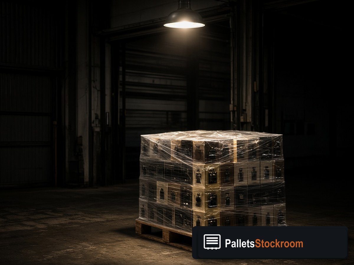 Rabanne Perfume Pallets — Floor operations with branded warehouse signage