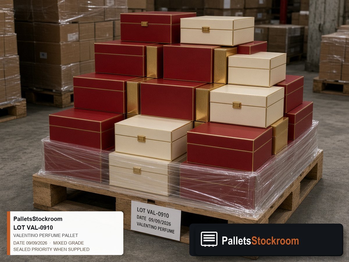 Valentino Perfume Pallets — Inventory pallet with wrap quality and boxed scent
