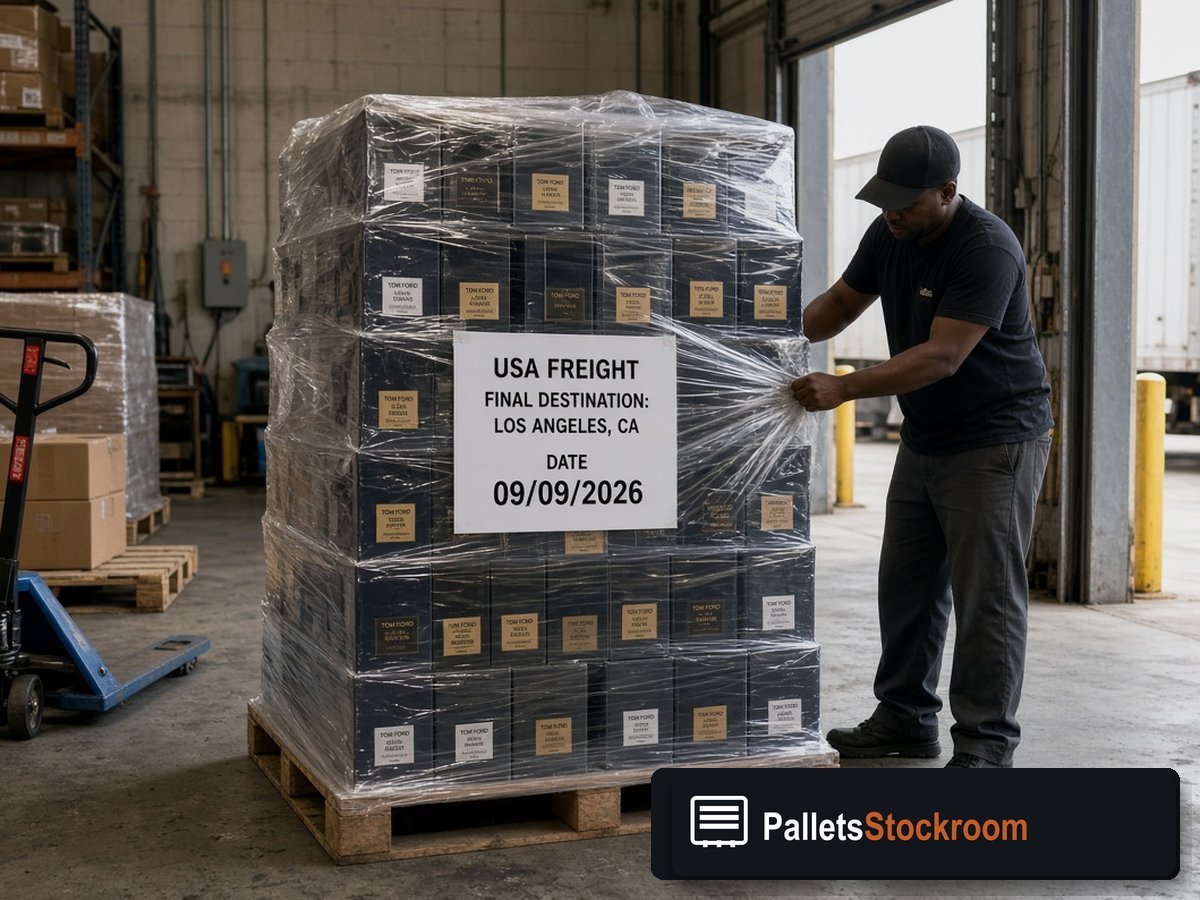 Valentino Perfume Pallets — Floor operations with branded warehouse signage